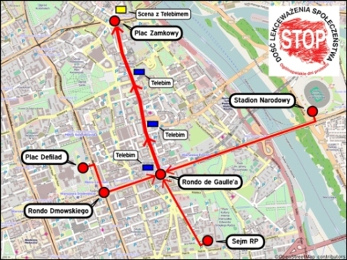 Mapka manifestacji zaplanowanej na 14 września w Warszawie: